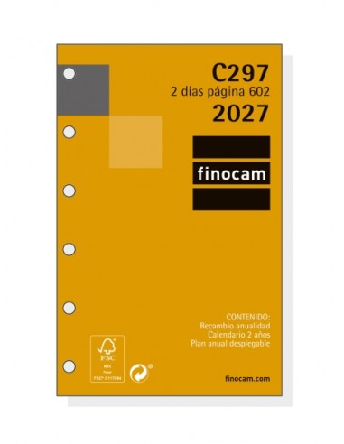 Finocam C297 Recambio para Agenda Classic - Anual 2027 - 2 Dias por Pagina - Formato 602 - 73x114mm - 6 Taladros - Papel de