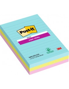 Post-It Super Sticky Pack de 3 Blocs de 90 Notas Adhesivas Reposicionables - Forma Rectangular - 101x152mm - Colores Surtidos