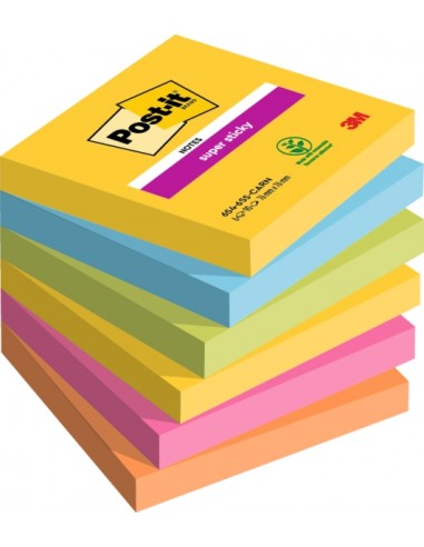 Post-It Super Sticky Pack de 6 Blocs de 90 Notas Adhesivas Reposicionables - Forma Cuadrada - 76x76mm - Colores Surtidos