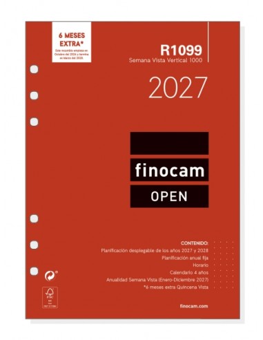 Finocam R1099 Recambio para Agenda Open - Anual 2027 - Semana Vista Vertical - Formato 1000 - 155x215mm - 6 Taladros - Papel