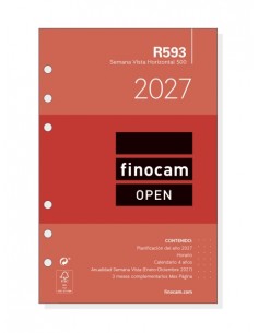 Finocam R593 Recambio para Agenda Open - Anual 2027 - Semana Vista Horizontal - Formato 500 - 117x181mm - 6 Taladros - Papel