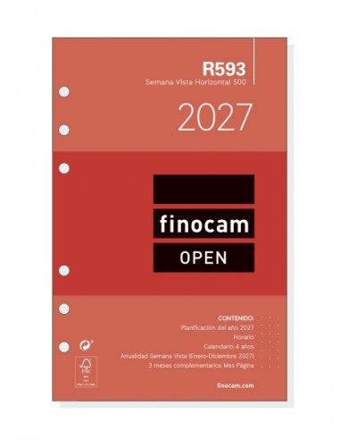 Finocam R593 Recambio para Agenda Open - Anual 2027 - Semana Vista Horizontal - Formato 500 - 117x181mm - 6 Taladros - Papel