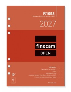 Finocam R1093 Recambio para Agenda Open - Anual 2027 - Semana Vista Horizontal - Formato 1000 - 155x215mm - 6 Taladros -