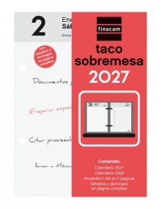 Finocam Neutro Taco Calendario de Sobremesa - Anual 2027 - 2 Paginas por Dia - 85x120mm - Papel de 70g m2 - Color Rojo y