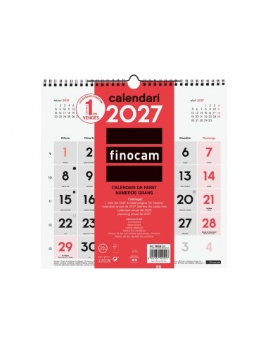 Finocam Neutro Calendario de Pared en Catalan - Anual 2027 - Mes Vista - 300x300mm - Espiral Doble - Papel de 120g m2 -