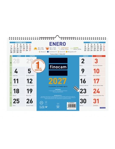 Finocam Color Calendario de Pared - Anual 2027 - Mes Vista - Formato L - 430x310mm - Espiral Doble - Papel de 120g m2 - Color