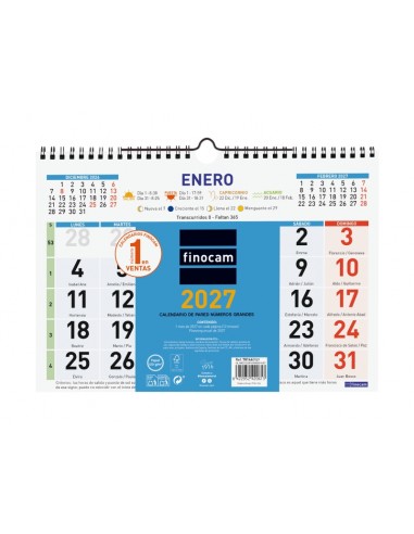 Finocam Color Calendario de Pared - Anual 2027 - Mes Vista - Formato M - 300x210mm - Espiral Doble - Papel de 120g m2 -