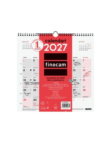 Finocam Neutro Calendario de Pared en Catalan - Anual 2027 - Mes Vista - 300x300mm - Espiral Doble - Papel de 120g m2 -