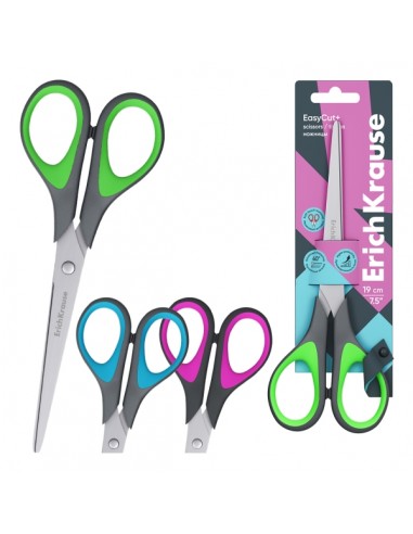 ErichKrause EasyCut-Tijeras de 19cm - Mangos de Plastico y Goma Antideslizante - Afilado Doble - Acero Inoxidable -