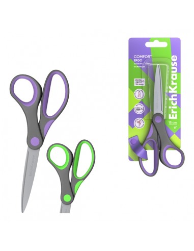 ErichKrause Comfort Tijeras de 15cm - Mangos de Plastico y Goma Antideslizante - Afilado Doble - Acero Inoxidable -