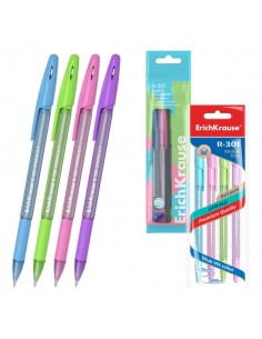 ErichKrause R-301 Stick and Grip Spring Pack de 4 Boligrafos con Capuchon - Modelos Surtidos - Trazo 0.35mm - Zona de Agarre