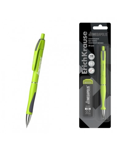 ErichKrause MEGAPOLIS Concept Portaminas - Mina HB de 0.7mm - 20 Minas de Repuesto - Agarre de Goma - Ergonomico - Color Verde