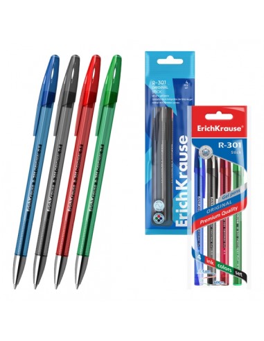 ErichKrause R-301 Gel Stick Original Pack de 4 Boligrafos con Capuchon - Punta de 0.5mm - Trazo 0.4mm - Tinta de Gel -