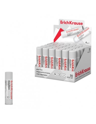 ErichKrause EasyStick Expositor con 30 Pegamentos en Barra - 6g - No Toxico - Secado Rapido - sin Disolventes -