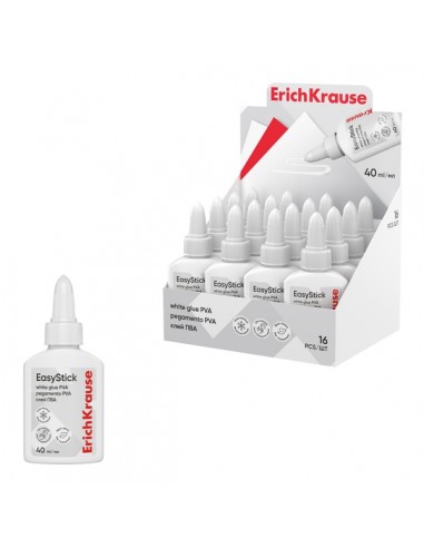 ErichKrause EasyStick Expositor con 16 Botellas de Cola Blanca PVA - 40ml - No Toxico - sin Disolventes - Multisuperficie -