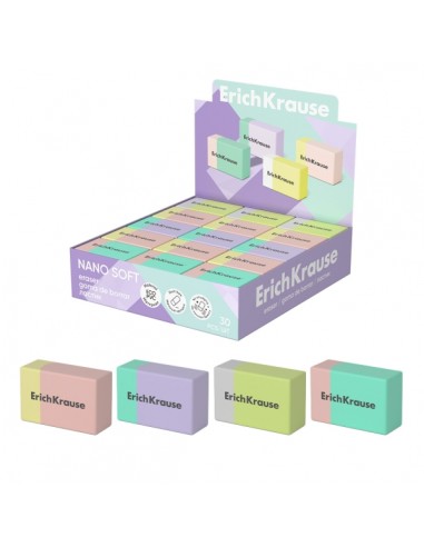 ErichKrause Nano Soft Expositor con 30 Gomas de Borrar - PVC Ecologico - Hipoalergenico - No Deja Residuos - Borrado Suave -