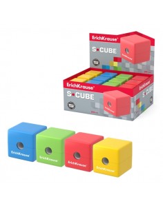 ErichKrause S-Cube Neon Expositor con 24 Sacapuntas con Contenedor - Plastico - Cuchilla Niquelada de Acero al Carbono -