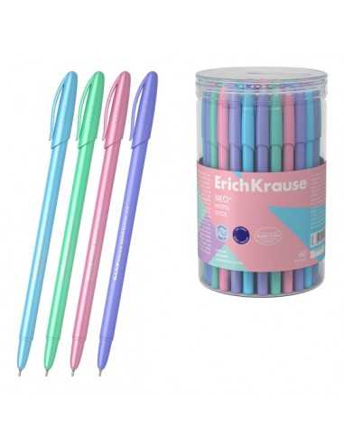 ErichKrause Neo Stick Pastel Boligrafo con Capuchon - Modelos Surtidos - Trazo 0.26mm - Tinta de Baja Viscosidad - Color Azul
