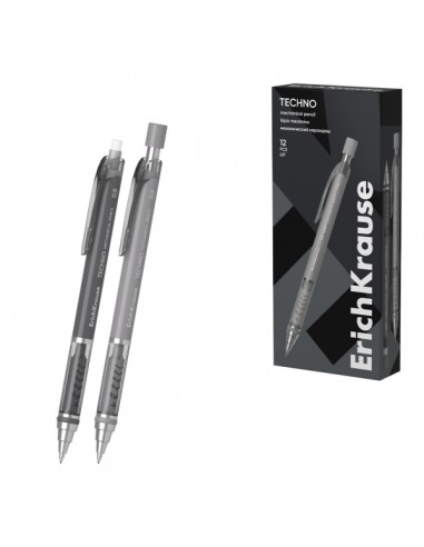 ErichKrause Techno Portaminas - Mina HB de 0.9mm - Goma de Borrar Integrada - Pinza - Cuerpo Redondo - Colores Surtidos