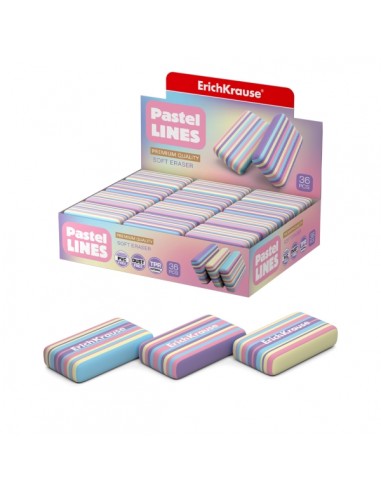 ErichKrause Pastel Lines Expositor con 36 Gomas de Borrar - Caucho Termoplastico - No Deja Residuos - No Rasga el Papel -