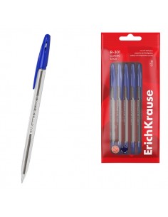 ErichKrause R-301 Stick Classic Pack de 8 Boligrafos con Capuchon - Punta de 1.0mm - Cuerpo Transparente - Trazo 0.5mm -