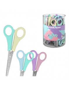 ErichKrause JOY Pastel Expositor con 24 Tijeras de 13.5cm - Puntas Redondeadas - Regla de 5cm en la Hoja - Mangos de Plastico