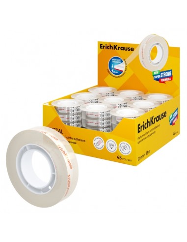 ErichKrause Crystal Expositor con 45 Cintas Adhesivas - Alta Adhesion - 12mm de Ancho - 33 Metros - Resistente al Desgarro