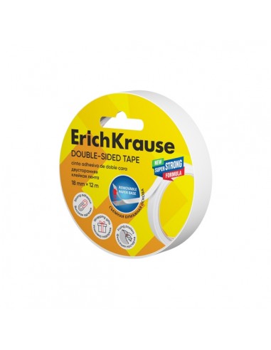 ErichKrause Cinta Adhesiva de Doble Cara - 1mm de Grosor - 18mm de Ancho - 12 Metros - Alta Adhesion - Base de Papel