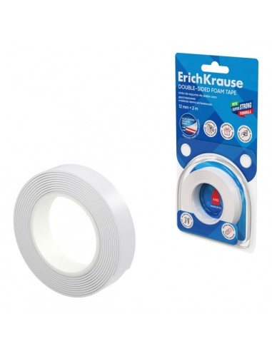 ErichKrause Cinta Adhesiva de Doble Cara - Espuma - Soporta hasta 4kg m2 - 1mm de Grosor - 12mm de Ancho - 2 Metros - Alta