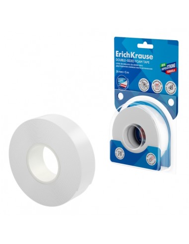 ErichKrause Cinta Adhesiva de Doble Cara - Espuma - Soporta hasta 8kg m2 - 1mm de Grosor - 24mm de Ancho - 5 Metros - Alta