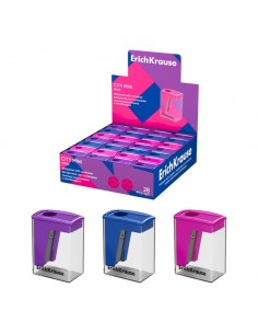 ErichKrause City Mini Vivid Expositor con 28 Sacapuntas con Contenedor - Plastico - Cuchilla Niquelada de Acero al Carbono -