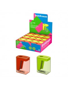 ErichKrause City Mini Neon Expositor con 28 Sacapuntas con Contenedor - Plastico - Cuchilla Niquelada de Acero al Carbono -