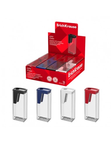 ErichKrause City Classic Expositor con 16 Sacapuntas con Contenedor - Plastico - Cuchilla Niquelada de Acero al Carbono -