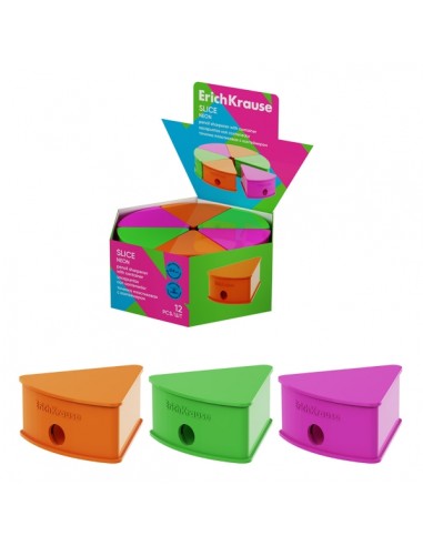 ErichKrause Slice Neon Expositor con 12 Sacapuntas con Contenedor - Plastico - Cuchilla Niquelada de Acero al Carbono -