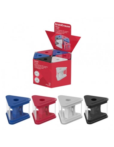 ErichKrause Prism Classic Expositor con 12 Sacapuntas con Contenedor - Plastico - Cuchilla Niquelada de Acero al Carbono -