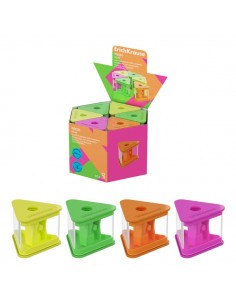 ErichKrause Prism Neon Expositor con 12 Sacapuntas con Contenedor - Plastico - Cuchilla Niquelada de Acero al Carbono -