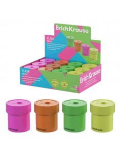 ErichKrause Flask Neon Expositor con 12 Sacapuntas con Contenedor - Plastico - Cuchilla Niquelada de Acero al Carbono -