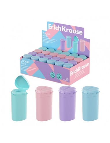 ErichKrause ClickUp Pastel Expositor con 24 Sacapuntas con Contenedor - Plastico - Cuchilla Niquelada de Acero al Carbono -