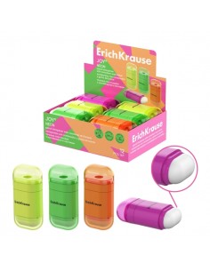 ErichKrause JOY Neon Expositor con 12 Sacapuntas con Contenedor - Goma de Borrar - Plastico - Cuchilla Niquelada de Acero al