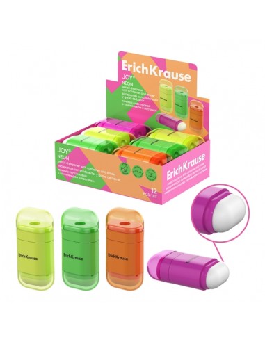 ErichKrause JOY Neon Expositor con 12 Sacapuntas con Contenedor - Goma de Borrar - Plastico - Cuchilla Niquelada de Acero al