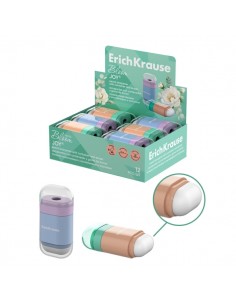 ErichKrause JOY Pastel Bloom Expositor con 12 Sacapuntas con Contenedor - Goma de Borrar - Plastico - Cuchilla Niquelada de