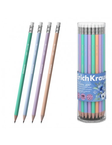 ErichKrause JOY Pastel Bloom Lapiz de Grafito con Goma de Borrar - Mina HB - Cuerpo Redondo - Plastico - Agarre Ergonomico -