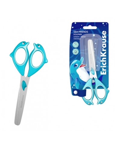 ErichKrause Sea Friends Dolphin Tijeras de 13.5cm - Puntas Redondeadas - Mangos de Plastico Resistente a Golpes con Forma -