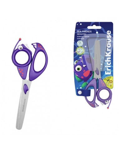ErichKrause Sea Friends Devilfish Tijeras de 14.5cm - Puntas Redondeadas - Mangos de Plastico Resistente a Golpes con Forma -