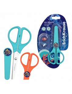 ErichKrause Sea Friends Protect Tijeras de 13cm - Puntas Redondeadas - Funda Protectora - Incluye 3 Pegatinas - Acero