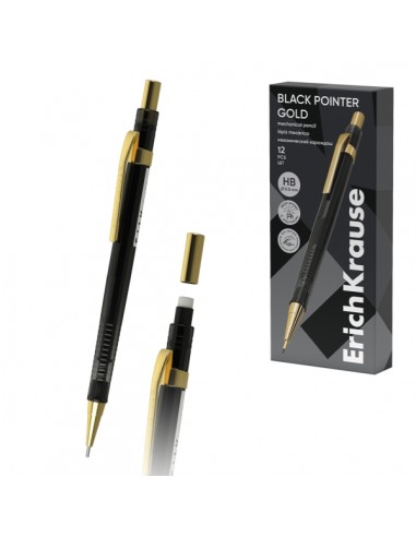 ErichKrause Black Pointer Gold Portaminas - Mina HB de 0.5mm - Goma de Borrar Integrada - Color Negro