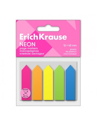 ErichKrause Neon Arrows Pack de 5 Blocs de 25 Marcadores de Pagina - Reposicionables - Plastico - 12x45mm - Colores Surtidos