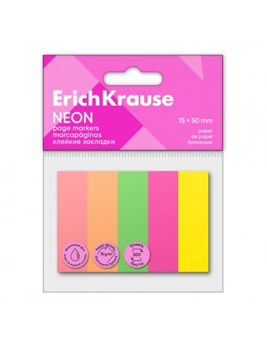 ErichKrause Neon Pack de 5 Blocs de 100 Marcadores de Pagina - Reposicionables - Papel de 75g m2 - 15X50mm - Colores Surtidos