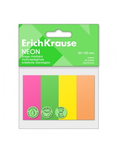 ErichKrause Neon Pack de 4 Blocs de 50 Marcadores de Pagina - Reposicionables - Papel de 75g m2 - 20X50mm - Pegamento a Base