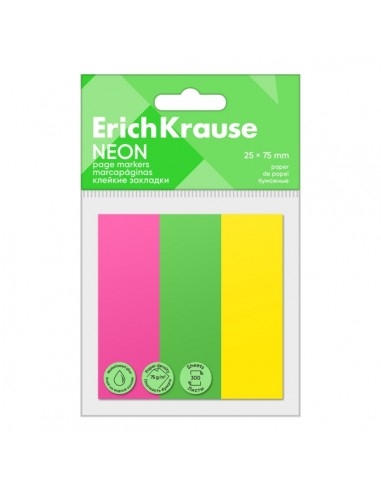 ErichKrause Neon Pack de 3 Blocs de 100 Marcadores de Pagina - Reposicionables - Papel de 75g m2 - 25X75mm - Colores Surtidos